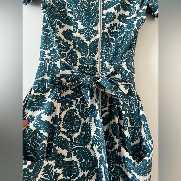 Teal Patterned Puff Sleeve Dress with Pockets - Picture 6 of 7